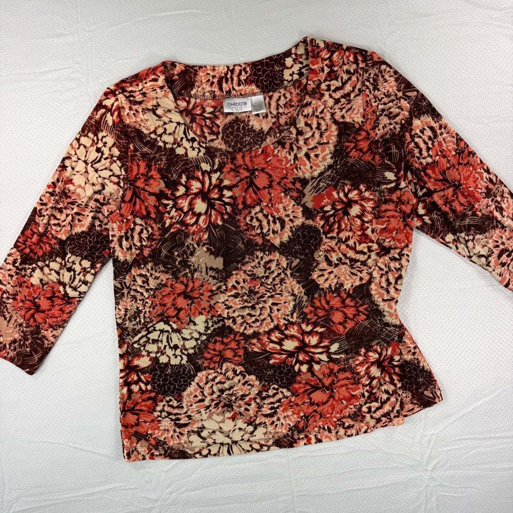 Chico's Travelers Womens Floral Top Size 3 XL 3/4 Sleeve Brown Coral Knit Blouse